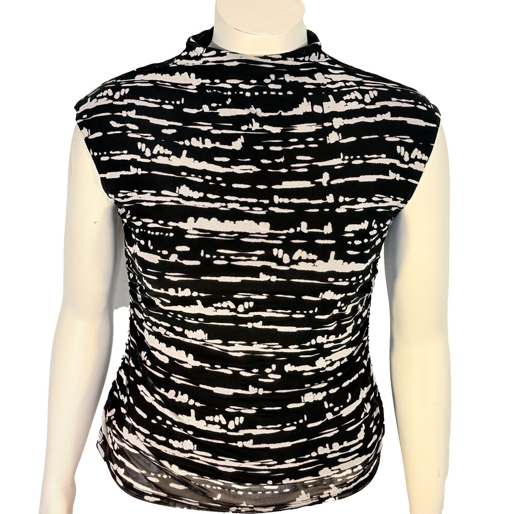 DKNY Mesh Mock Neck Cap Sleeve Shirt Women's L Abstract Black Cream Lined